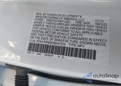 2023 Honda Passport Awd Trailsport из США, поврежденный, VIN 5FNYF8H65PB041535